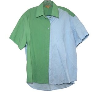 VRG GRL blue green color block button up shirt women's 6 cotton career fun basic